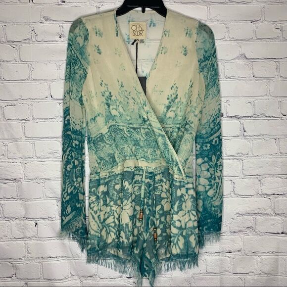 Chaser Boho Blue Silk Chiffon Floral Tapestry Bell Sleeve Fringe Romper - Picture 4 of 16